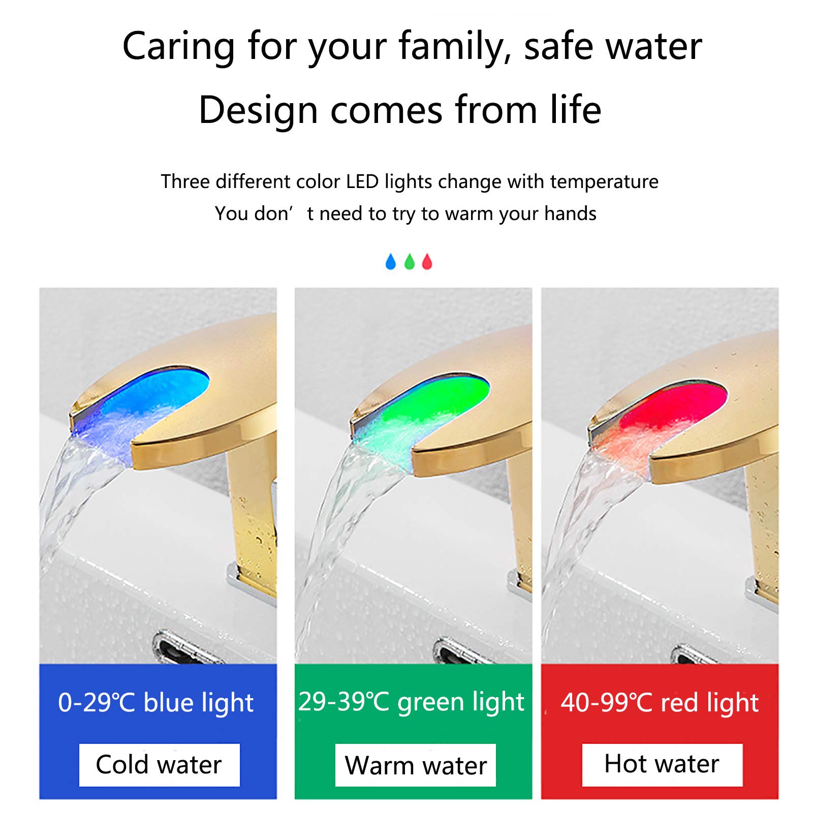 LED Mitigeur Lavabo Cascade, Robinet Salle de Bain en Laiton Robinet Lavabo Monocommande Robinetterie Vasque, Robinet Vasque avec Eau Chaude et Froide,d'or
