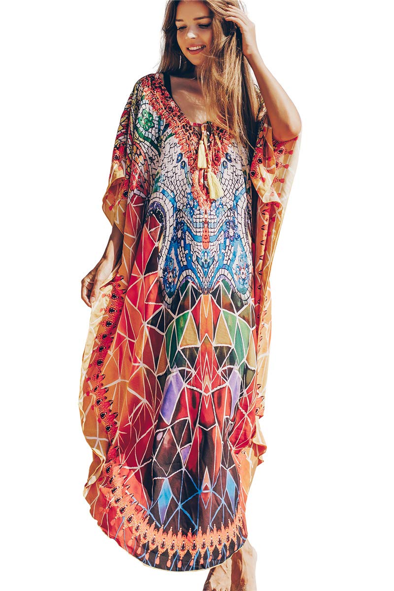 Robe Maxi été Boho Kaftan - Couverture De Maillot De Bain, Séchage Rapide, Col En V, Manche Unique