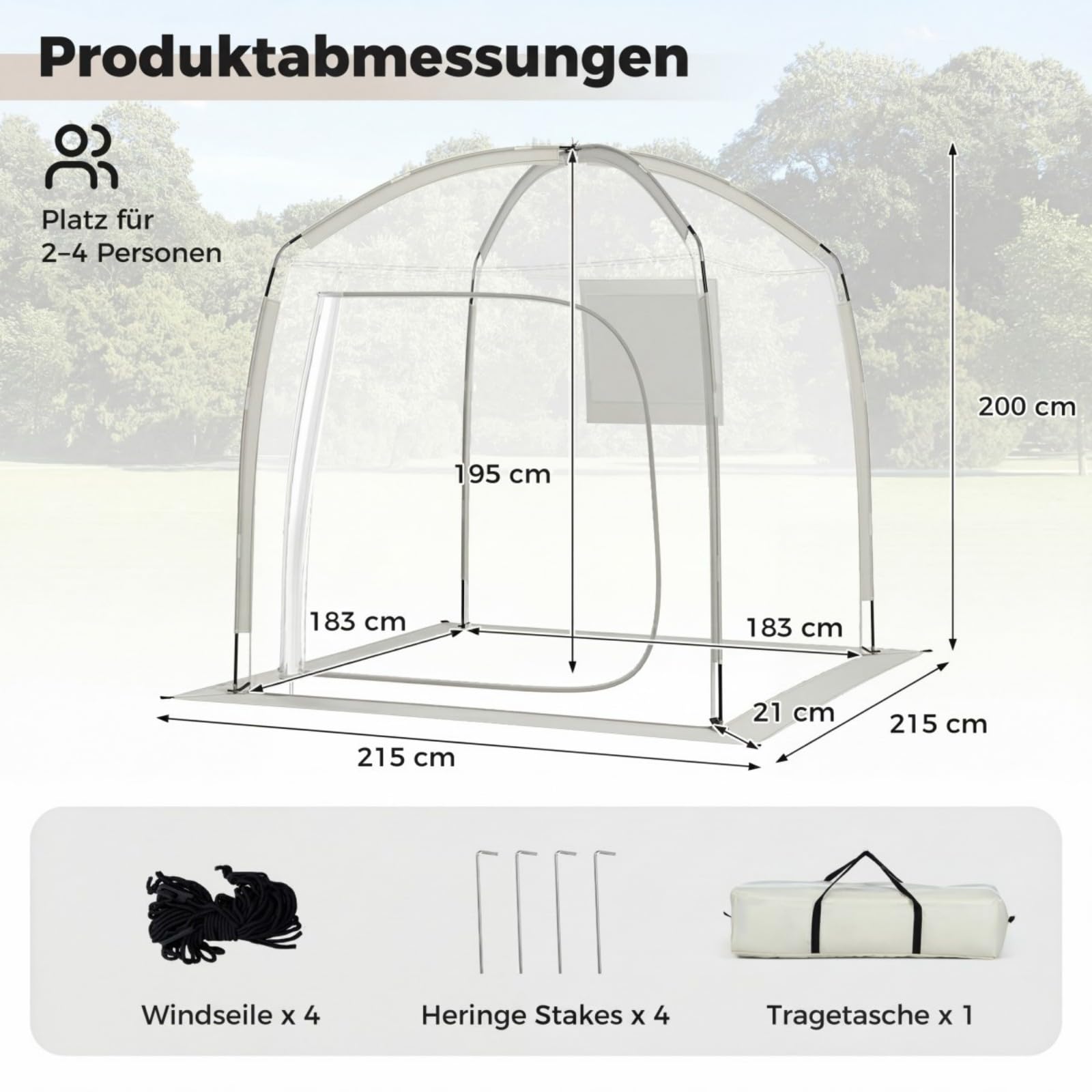 COSTWAY Transparentes Zelt 215x215 cm, wetterfestes Sportzelt mit Heringe, Windspanner & Tragetasche, Bubble Zelt für 2-4 Personen, Campingzelt mit 540° Panoramablick für Garten & Terrasse