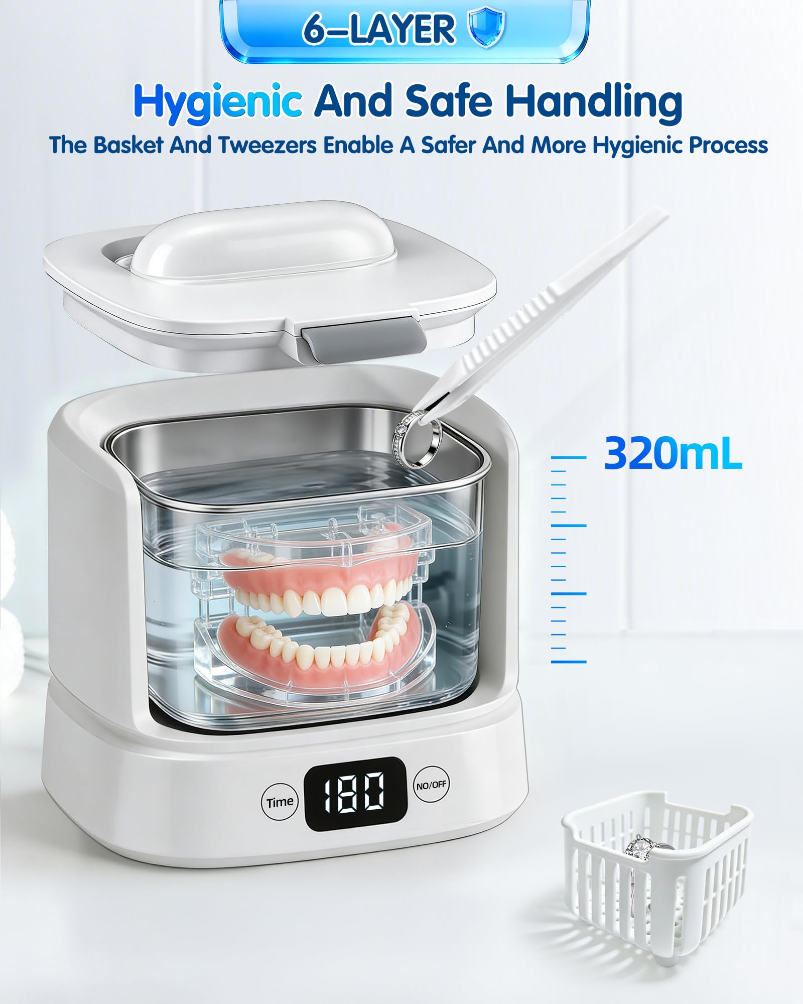 Limpiador ultrasónico de retención, cápsula de limpieza dental UV, limpiador dental de 45 kHz para prótesis, alineador, protector nocturno, joyas, 5 modos, bajo ruido, diseño compacto, gran capacidad