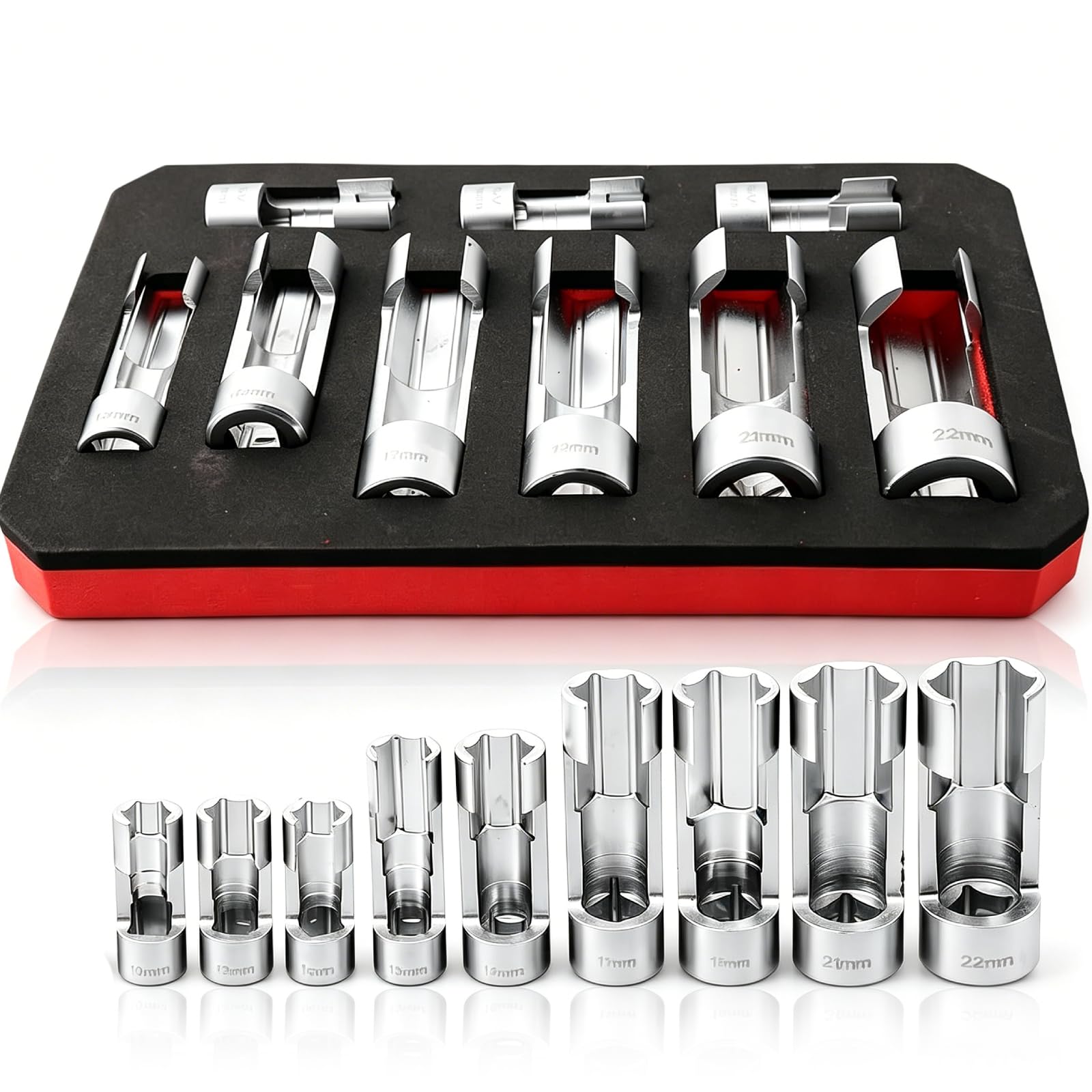 Llaves De Vaso De Sonda Lambda, 9 Piezas 10-22mm Juego De Llaves De Tubo De LíNea De Inyector Diesel, Entrada 3/8" 1/2", Vaso Sensor OxíGeno Llave De Vaso Ranurado Para LíNea De Combustible DiéSel