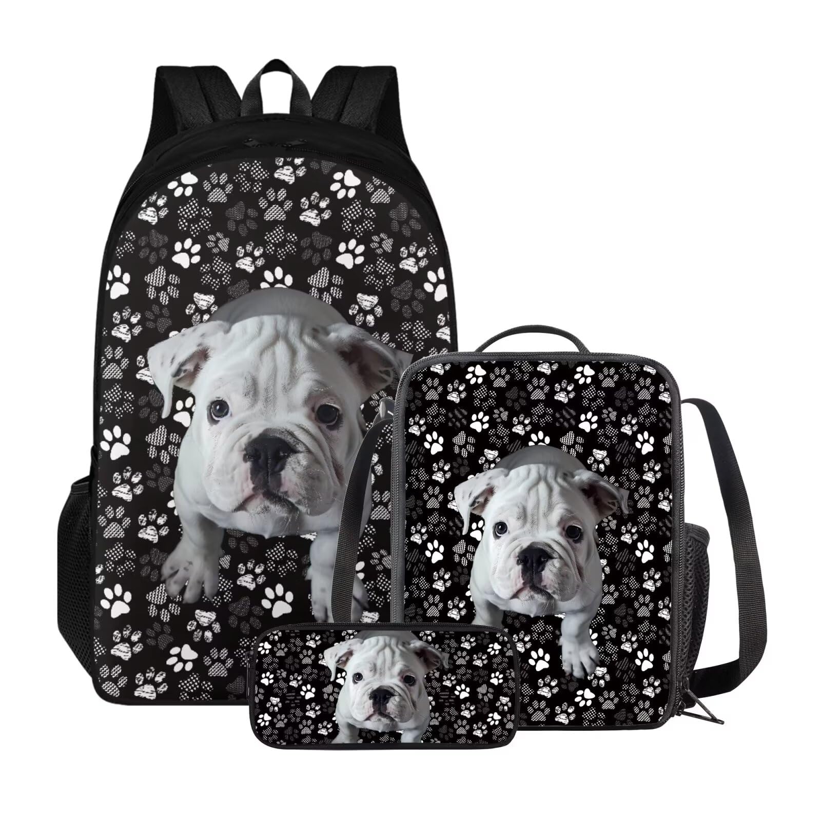 Poceacles Zaino scolastico con borsa per il pranzo e astuccio per ragazze e bambini, set da 3 pezzi, borsa per la scuola Mochila Escolar para NiñAs, Zampa Bulldog Francese