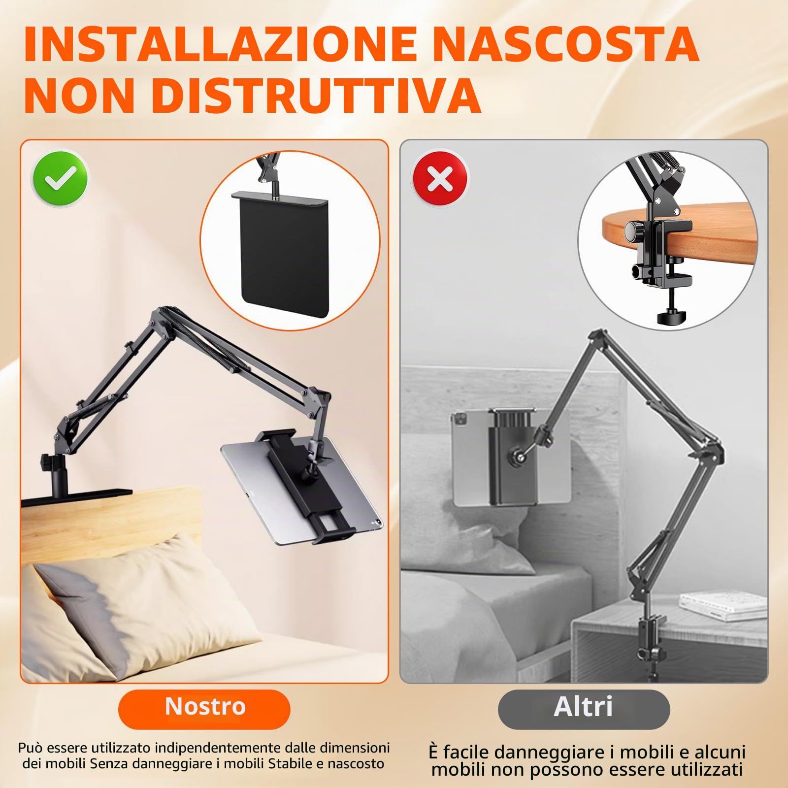 Supporto per tablet a mano libera per letto con braccio lungo regolabile – pieghevole in metallo per Kindle, tablet, iPad e telefono cellulare, design nascosto, nessun danno ai mobili, ideale per