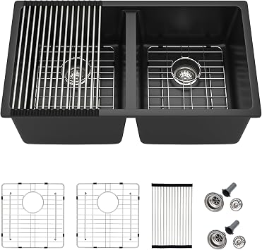 33 Granite Composite Kitchen Sink Double Bowl - Fulorni 33"19" Granite Kitchen Sink Black Undermount Double Bowl 50/50 Matte Black Quartz Classic Composite Under Counter Sink Basin