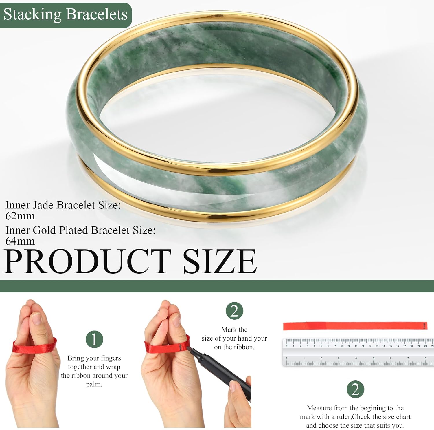 Tondiamo 3 Pcs 2.4'' Stackable Jade Bangle Bracelet Gold Bangle for Women with Stainless Steel Gold Plated Bracelet Real Nature Jadeite Good Luck Healing Jewelry Valentines Gifts for Women - Image 2