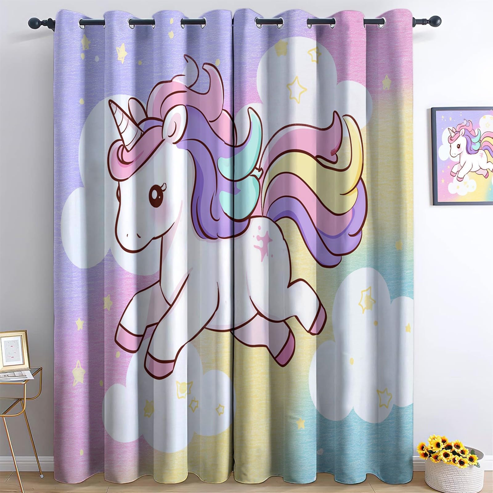 Lot de 2 Rideaux Occultants - 3D Licorne Arc En Ciel Mignonne Nébuleuse Rideau De Fenêtre Isolant Thermique Phonique en Polyester pour Chambre d'enfant Salon Maison Bureau Décoration 110 x 215 cm