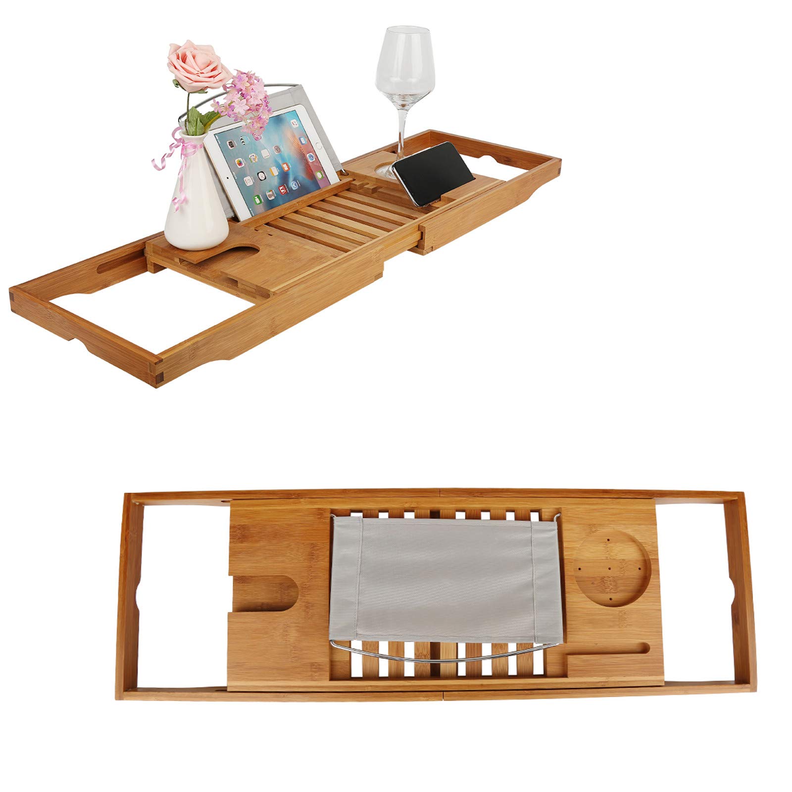 Bandeja bañera, Bandeja para bañera, Puente de bañera, Hecho de bambú, Longitud Ajustable (70-105 cm), Carga máxima de 5 kg, múltiples Espacios de Almacenamiento (YS249724, 2)