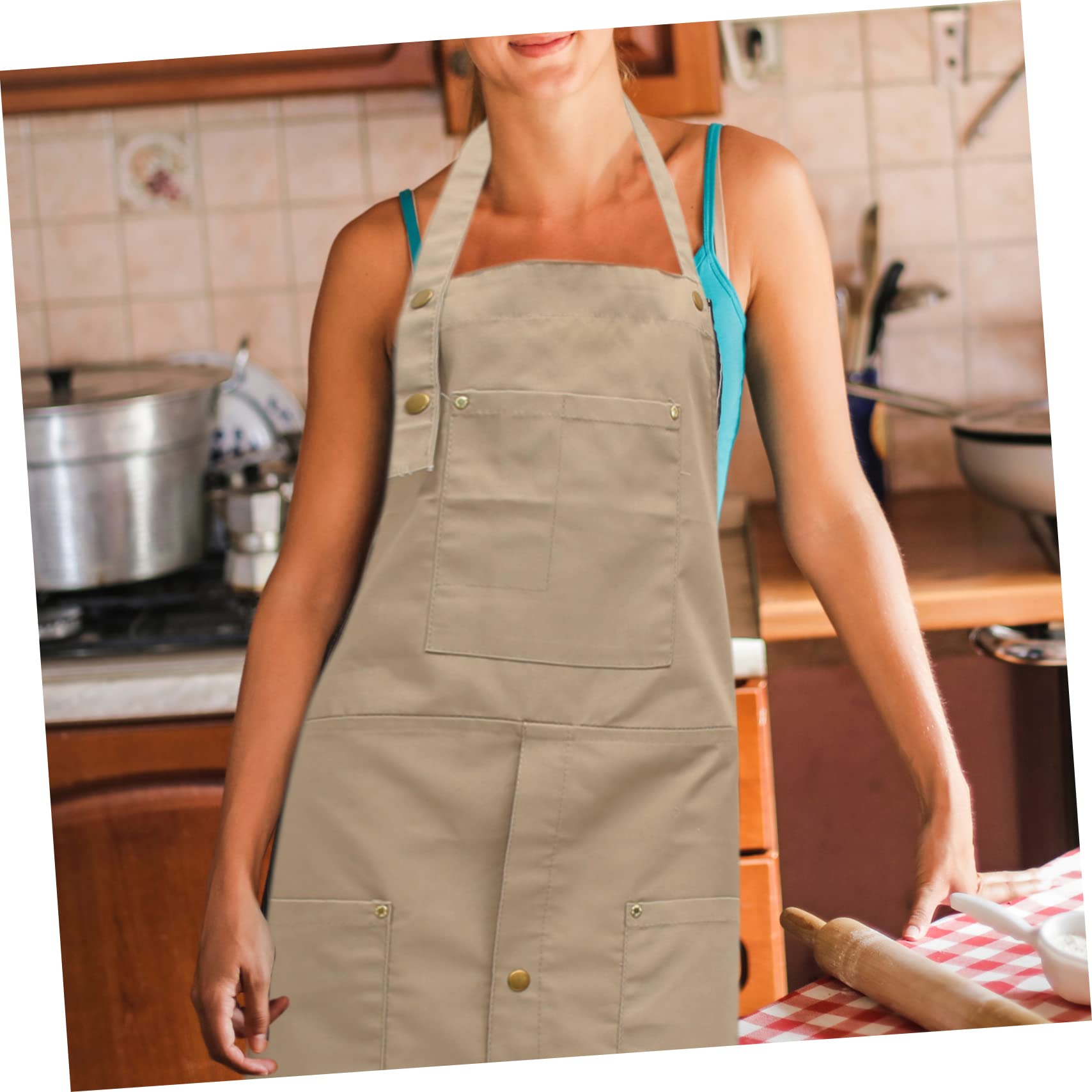 Tablier en Toile Grosse Taille avec Poches, Kaki, pour Grillage