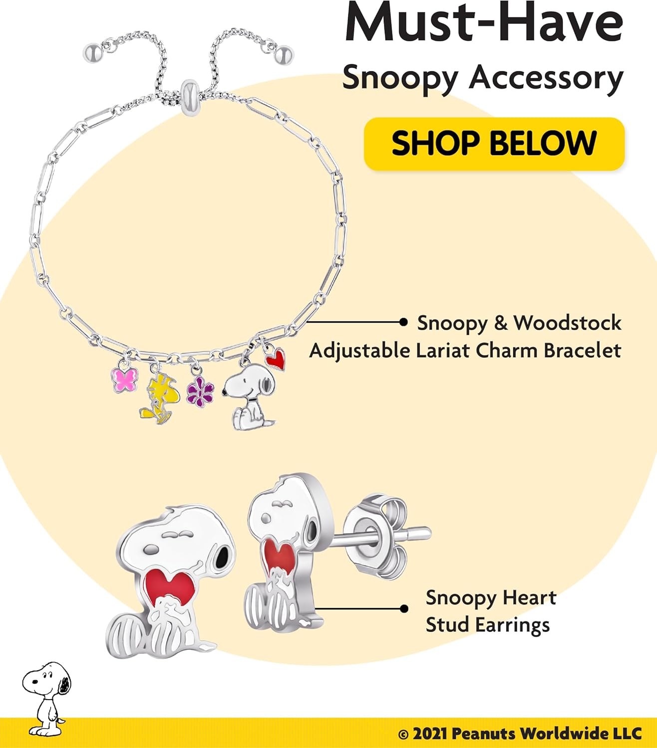 Peanuts Snoopy Heart Necklace for Women 16"+2" Official License, Silver Flash-Plated