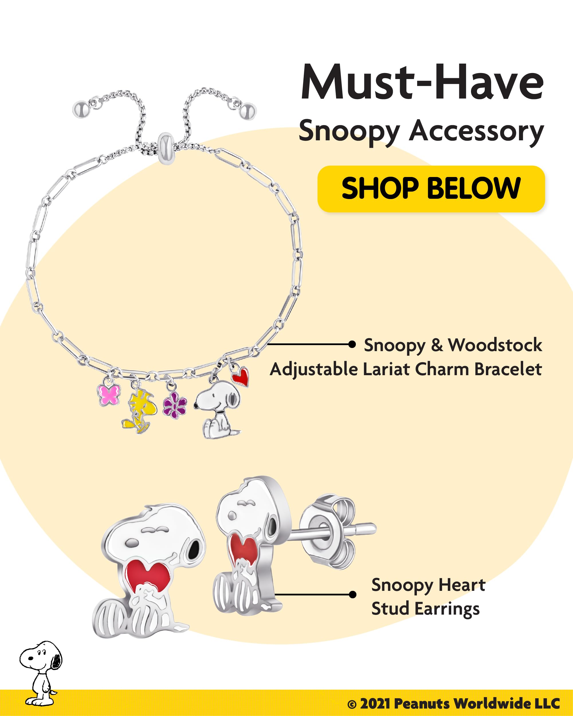 Peanuts Snoopy Heart Necklace for Women 16"+2" Official License, Silver Flash-Plated