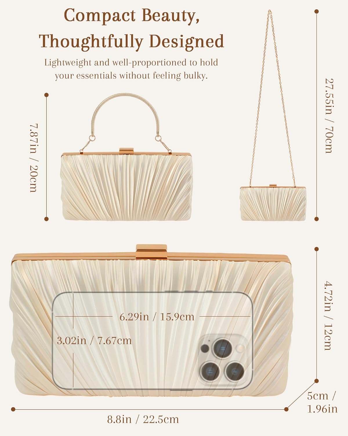Gold Clutch Evening Bags for Women - Champagne Pleated Satin Purse, Formal Wedding Handbag with Scalloped Fan Clasp - Image 5