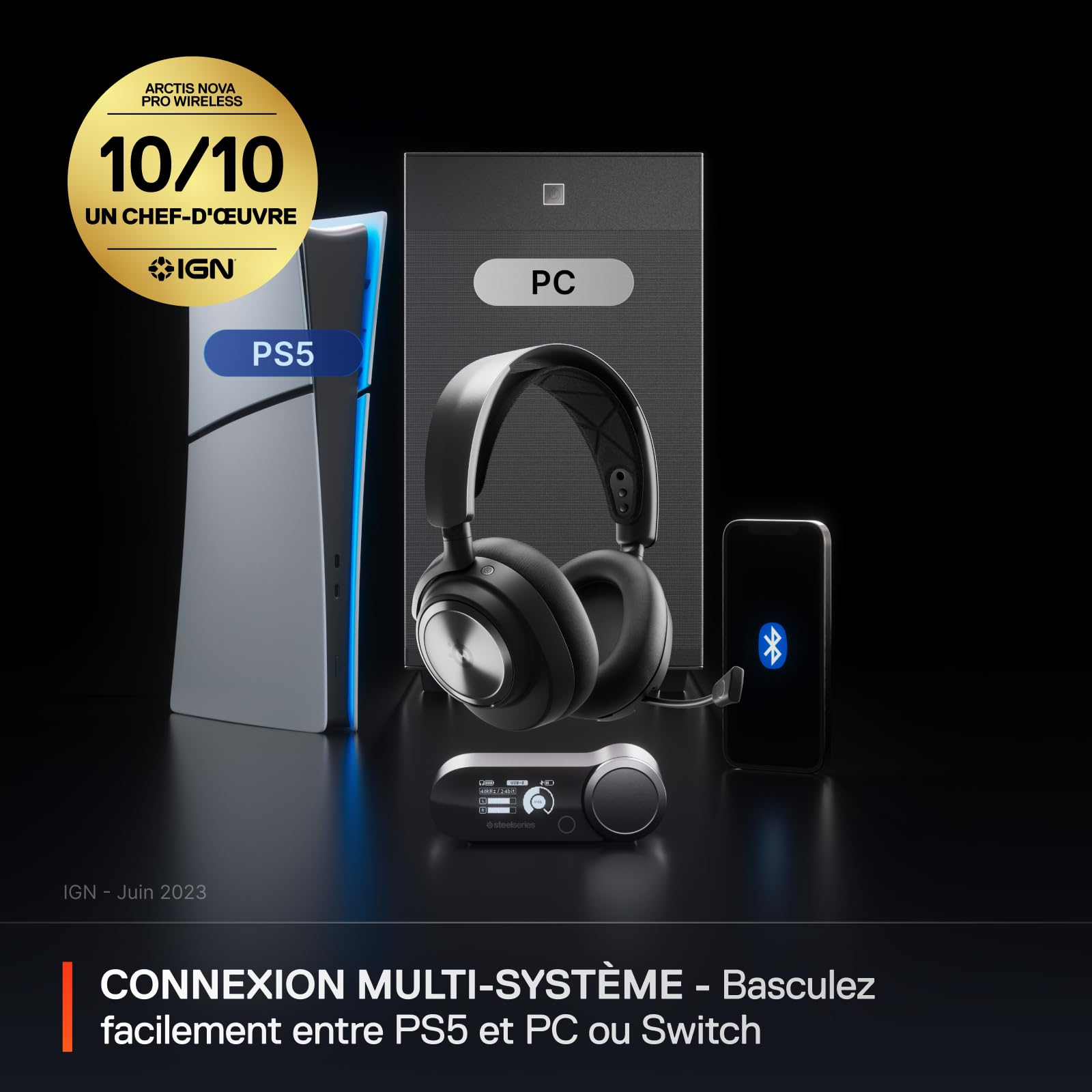 SteelSeries Casque gaming multi-système Arctis Nova Pro Wireless - Haut-parleurs magnétiques en néodyme - Réduction de bruit active -Autonomie sans fil illimitée -Micro ClearCast Gen 2 - PC,PS5,Mobile