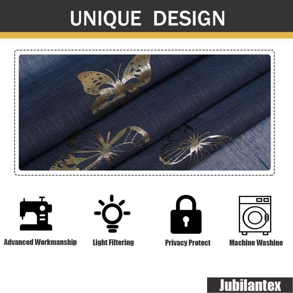 Jubilantex Butterfly Sheer Curtains Navy Blue Drapery with Gold Print Pattern 95 Inch Long, Kids Nursery Bedroom Voile Linen Textured Curtain Rod Pocket Window Drapes, 2 Panels
