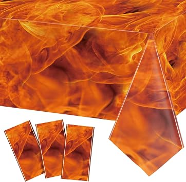 Tiamon 3 Packs Fire Tablecloths Flame Plastic Table Covers Fire Flame Rectangle Disposable Tablecloths Decorations for Picnic Home Outdoor Indoor Birthday Party Supplies