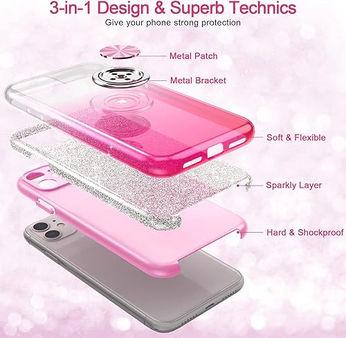 Miniatura 5 de Funda para iPhone 11, ligera con purpurina y soporte de anillo de 360, soporte magnético para automóvil, absorbente de golpes, funda protectora