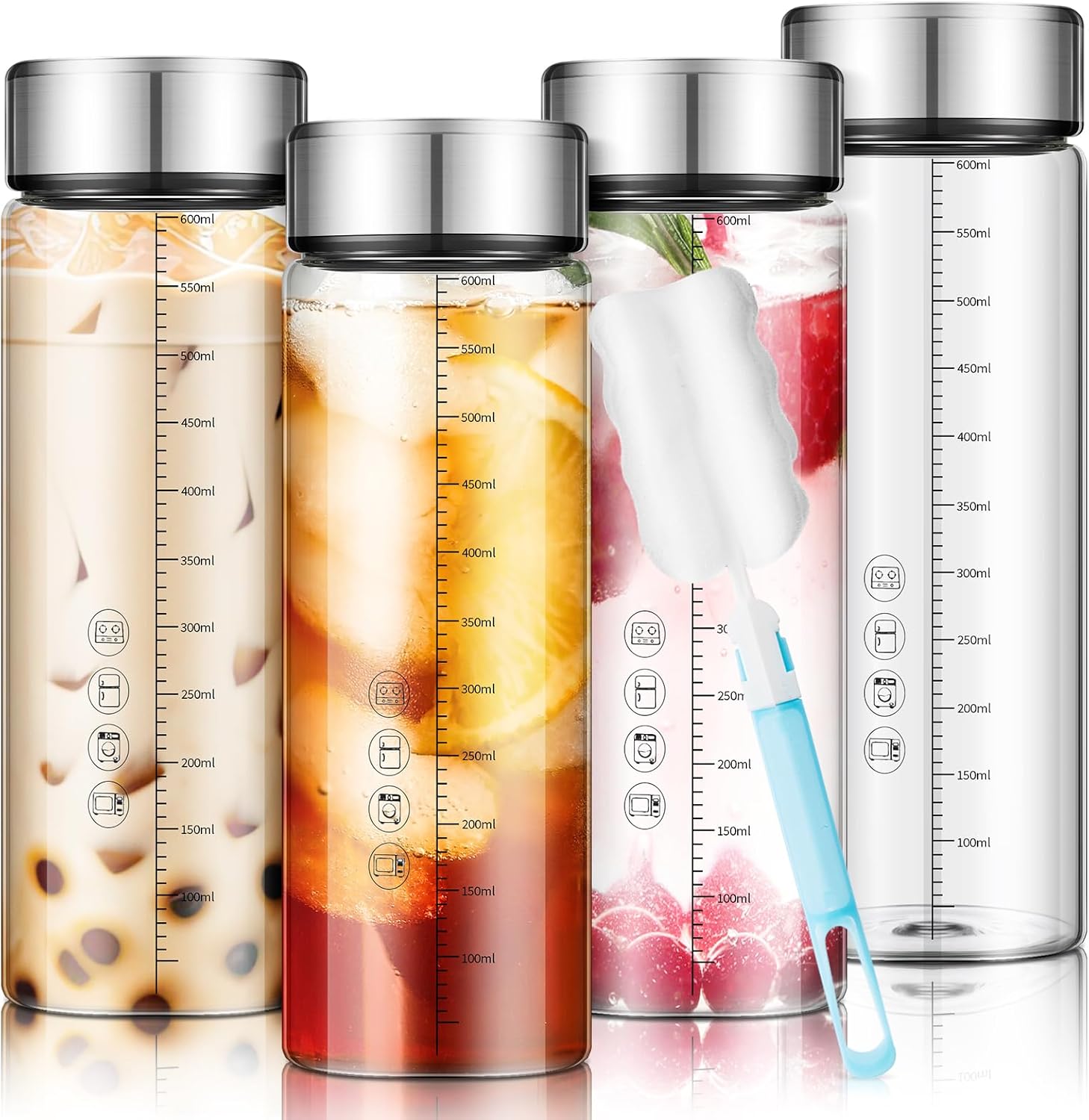 Vesici 20 oz Wide Mouth Glass Juice Bottle Glass Water Bottles with Lids and Scale for Juicing Smoothies Milk Protein Water Beverage Storage Reusable Leakproof Borosilicate Bottle