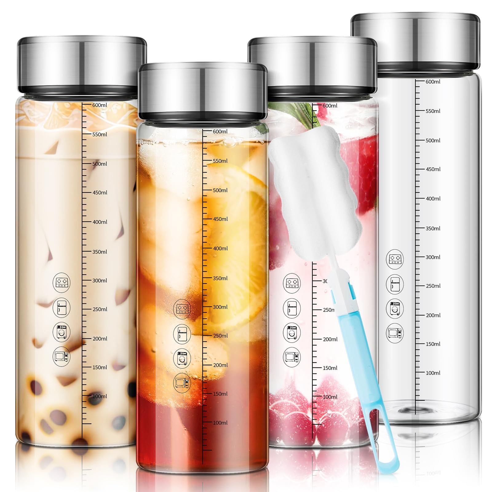 Vesici 20 oz Wide Mouth Glass Juice Bottle Glass Water Bottles with Lids and Scale for Juicing Smoothies Milk Protein Water Beverage Storage Reusable