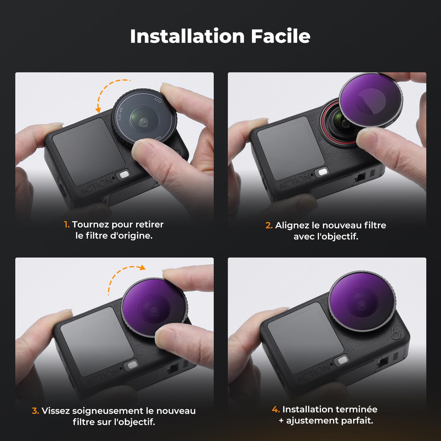 K&F CONCEPT Ensemble de Filtres ND Compatible avec DJI Osmo Action 6, Filtres de Densité Neutre ND8 ND16 ND32 ND64 Pack de 4 pour Contrôle de l'Exposition en Verre Optique à Revêtement Multicouche