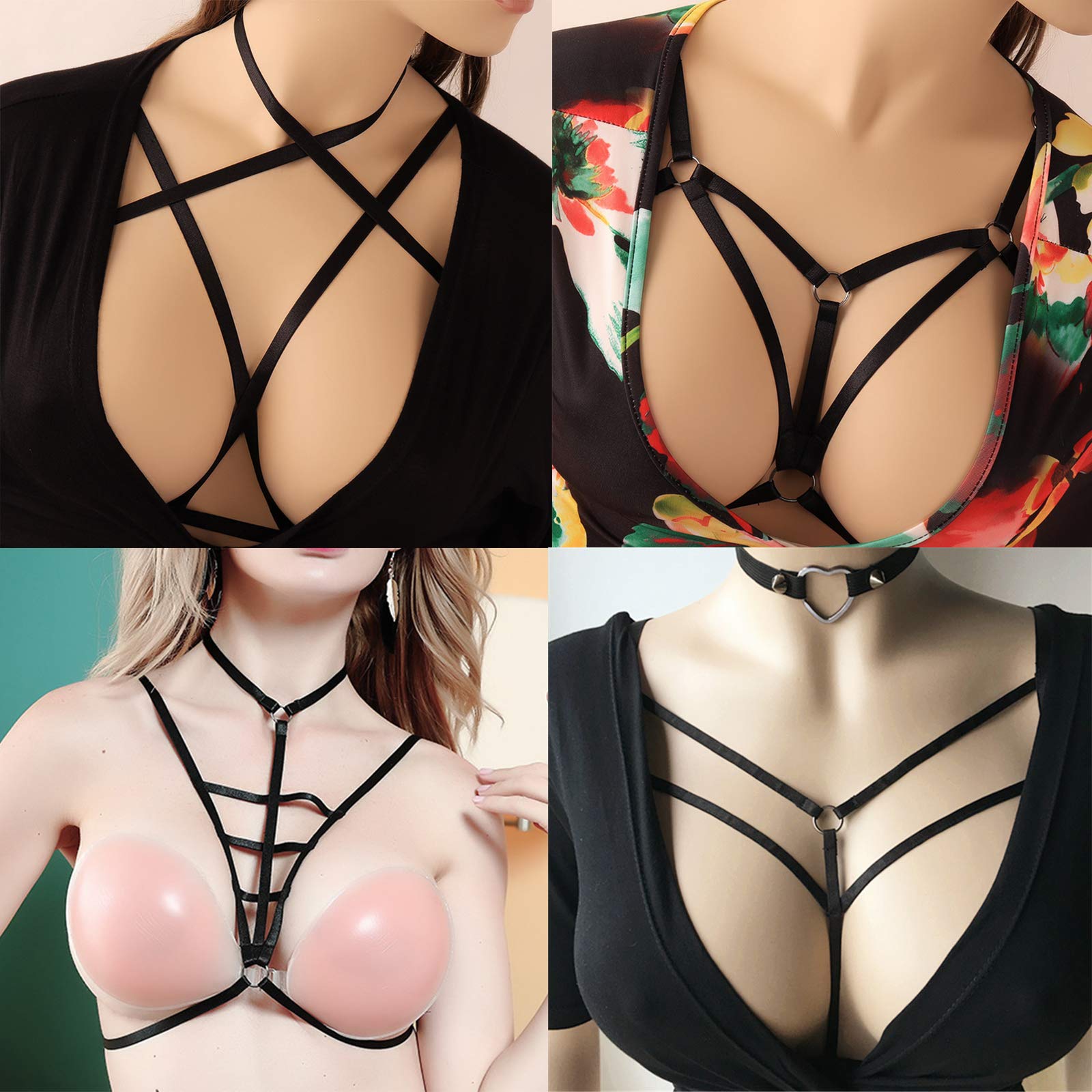 LIVE4COOL Women Harness Elastic Cupless Cage Bra Sexy Lingerie for Women Adjustable Hollow Out Crop Top Exotic Strap Bra: Black Kit