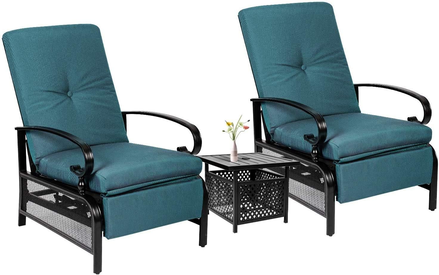 Skiway Outdoor Patio Recliner with Hand-Woven Wicker, Rust-Resistant Frames and Small Side Table Set of 3(Red), 2 seats
