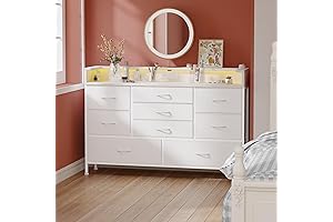 Fixwal White LED Dresser with 9 Drawers and Charging Station