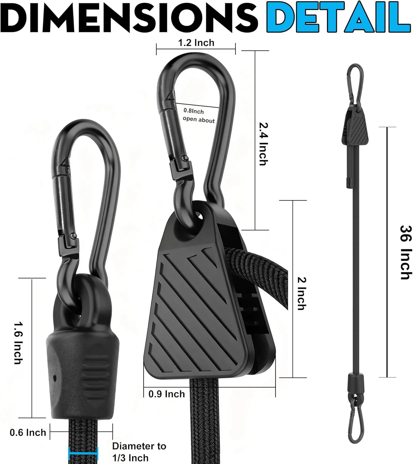 Adjustabl Bungee Cords with Hooks, 36 Inch Long Heavy Duty Black Bungee Straps with Carabiner Clip Outdoor, Adjust from 7’’ to 36’’ Elastic Rope for Camping, Cargo, Bike, Luggage, Carts, Truck, 4 Pack