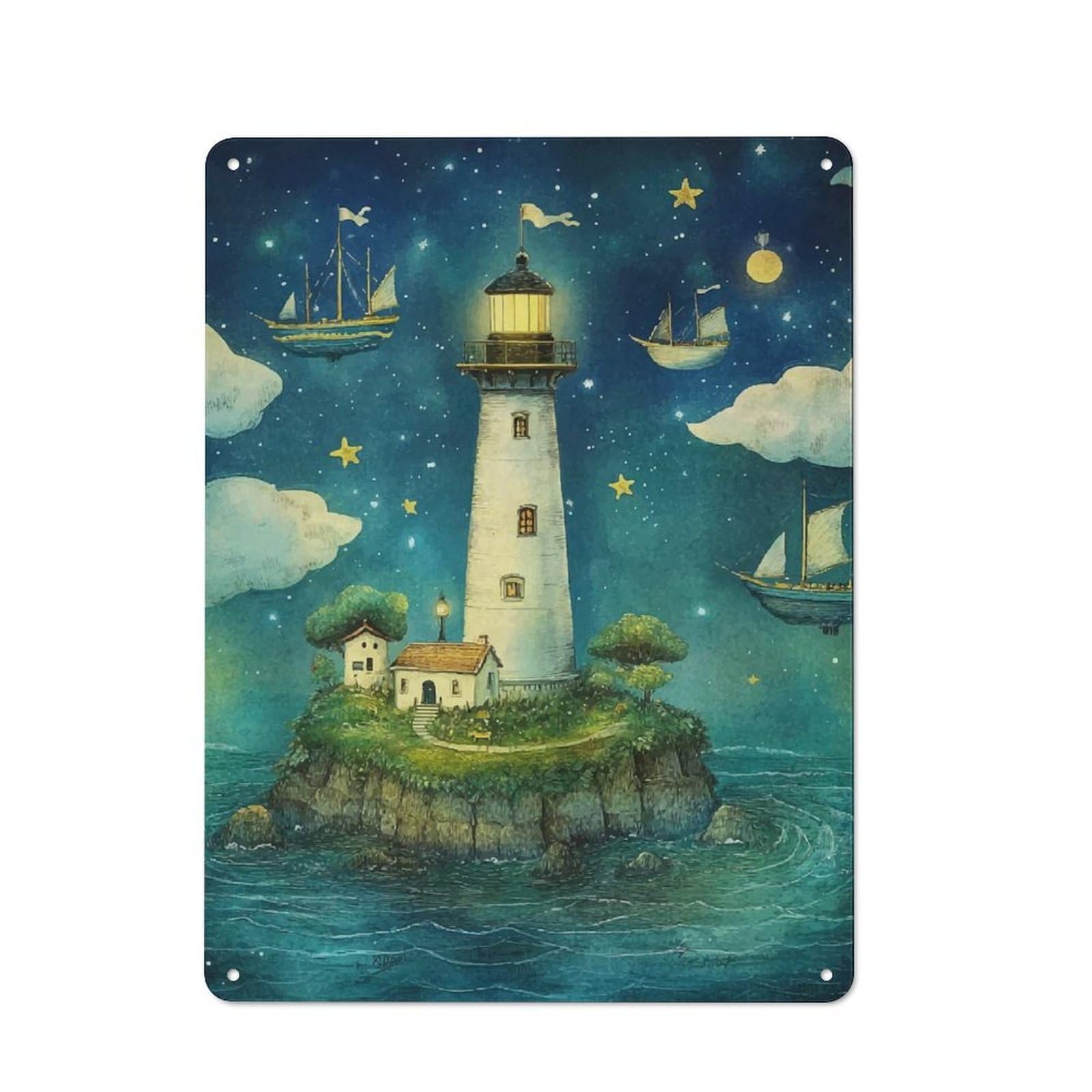Junmoney Lighthouse Starry Night Office Metal Sign With Design 40X30cm, Classic Studio Wall Plaque For Home Office, Reading Corner Or Bedroom