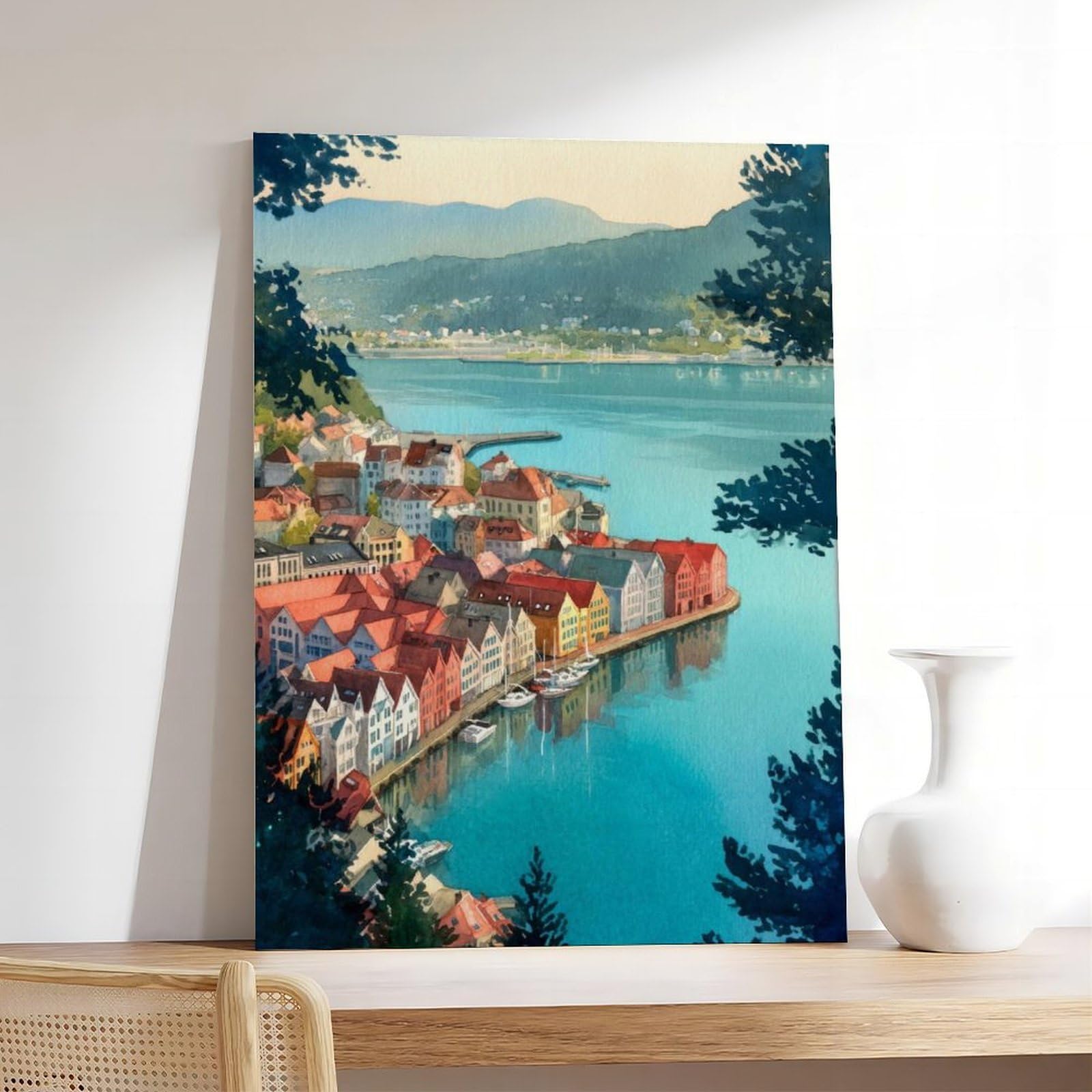 Bergen Port, poster di viaggio ad acquerello, paesaggio norvegese della città costiera, poster su tela, decorazione per camera da letto, ufficio, stanza, regalo, 40,6 cm di lunghezza x 61 cm di