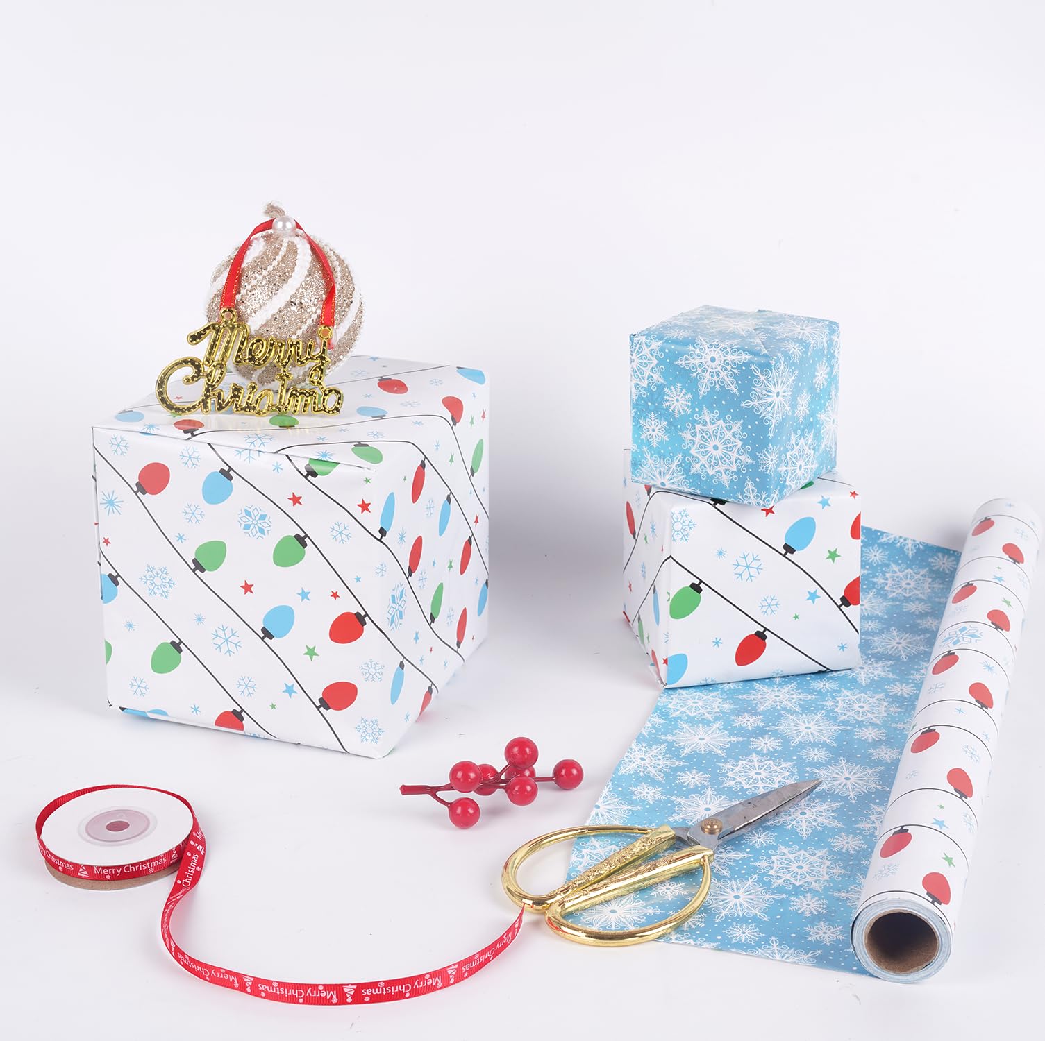 Linelglobal Mini rollo de papel de regalo de Navidad, rollo reversible de papel de regalo de dos lados, 17 x 295 pulgadas, iluminación y copos de nieve