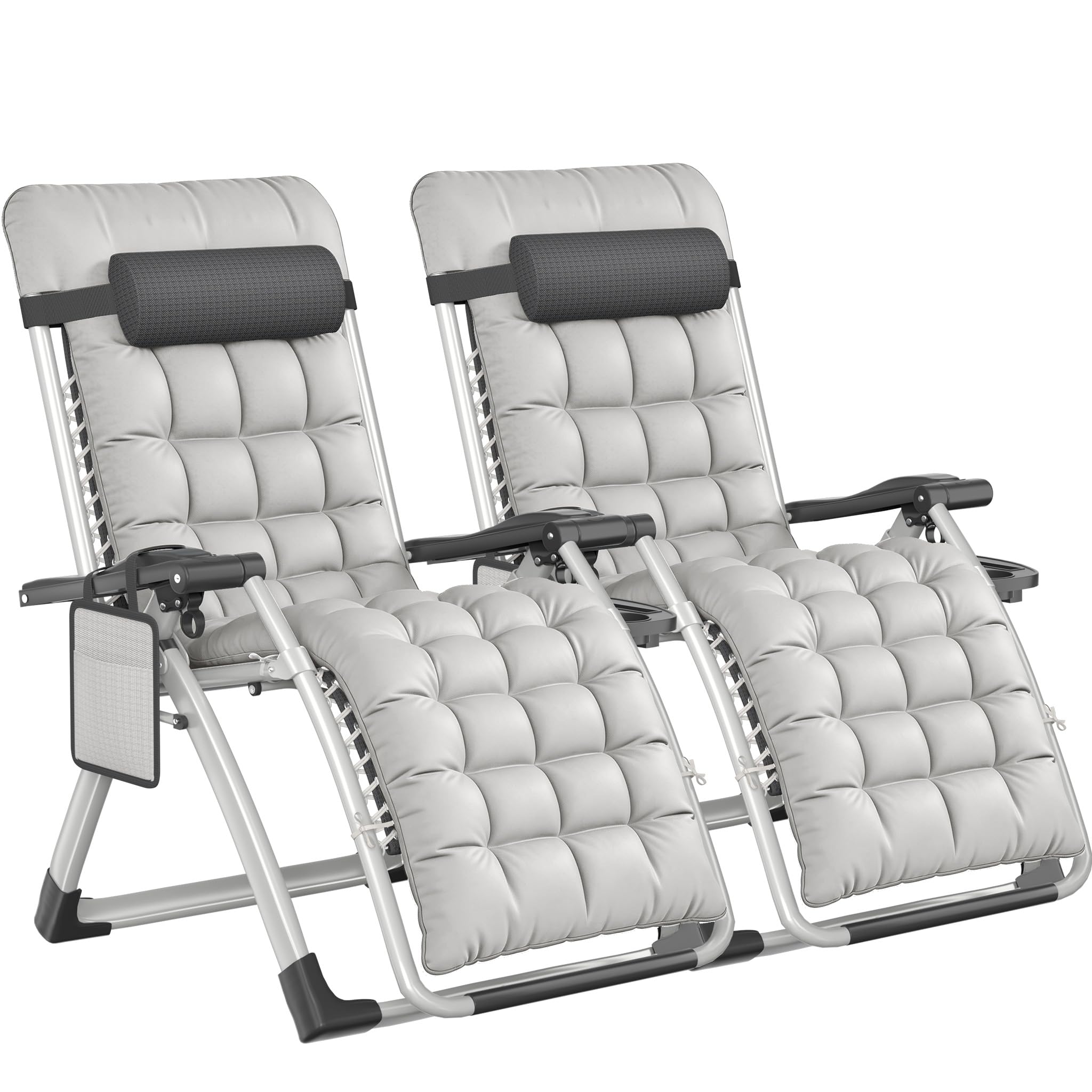 YEATHOR 2 Pack Sun Loungers for Garden Heavy Duty Zero Gravity Chairs Padded Folding Deck Recliner 90-170° with Pillow, Cup Holder & Side Pocket Textilene Steel Frame 150kg Capacity, Light Grey