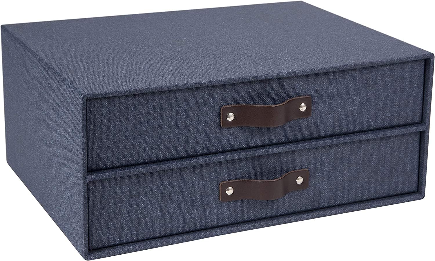 Bigso Birger 2-Drawer Canvas Fiberboard Easy Pull Handle Document Letter Box | Desktop Drawers for Loose Papers and Documents | Desktop Storage Drawers with Leather Handles | 13.1” x 10” x 5.7” | Blue