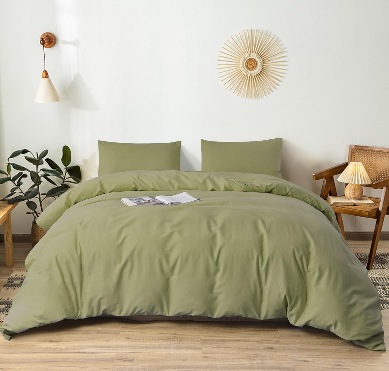 100-Percent Natural Washed Cotton Duvet Cover Set, Ultra Soft and Easy Care, Zipper Closure, Corner Ties, Simple Bedding Style, Queen/Full, Olive Green (Comforter Not Included)