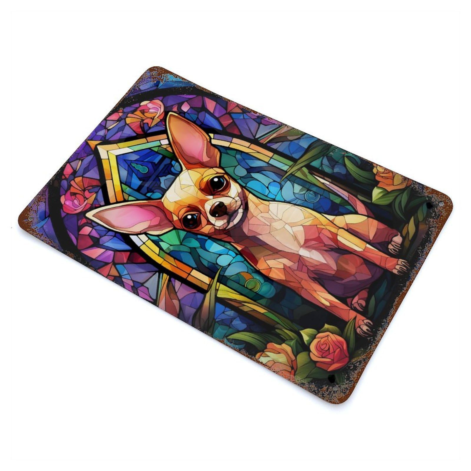 Vintage Rust Metal Sign Chihuahua Stained Glass 11.8"x7.9", Shabby Chic Decor for Cafe, Home Bar And Lounge Decor