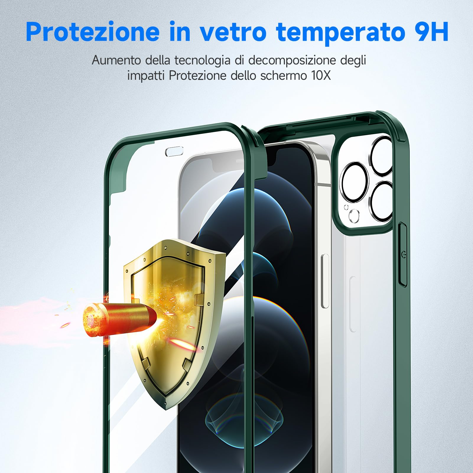 seacosmo Cover per iPhone 12 Pro, [9H HD] con Vetro Temperato Integrato Schermo, Pellicola Fotocamera, 360 Gradi Antiurto Protezione Fronte Retro Rugged Custodia Slim Doppia Faccia Case - Verde