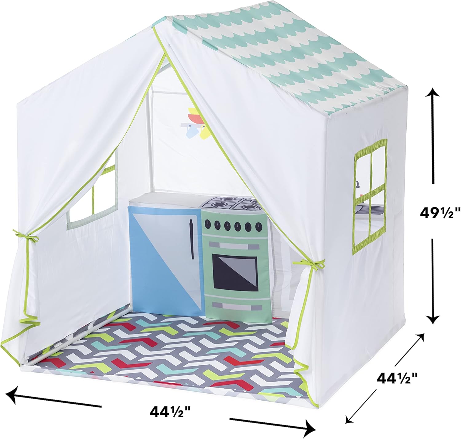 Interior view of the HearthSong Kitchen Playhouse Tent showing the removable appliance doors with hook and loop tape, revealing storage space.