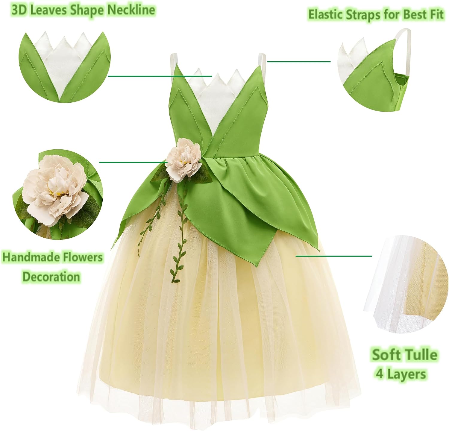 Princess Tiana Costume for Girls Green Frog Fairy Fancy Dress Halloween Birthday Party Outfits Clothes