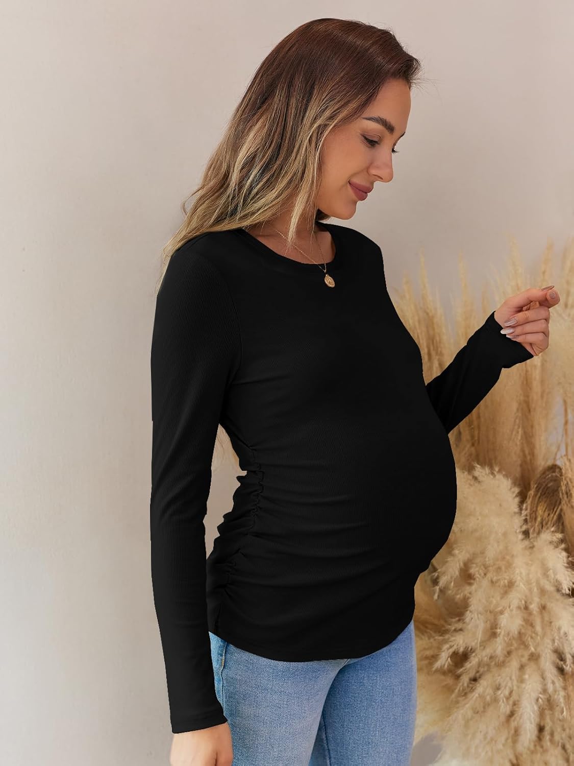 Women's Maternity Fall Tops Long Sleeve Crew Neck Ribbed Knit Slim Fitted Blouse Side Ruched Pregnancy Shirts - Image 2