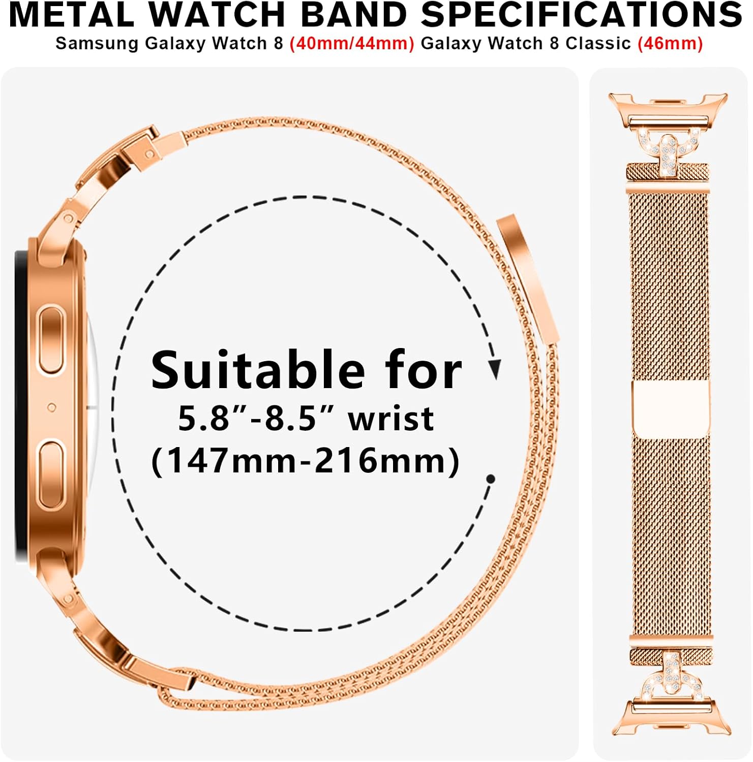 Metal Magnetic Bands Compatible with Samsung Galaxy Watch 8 40mm 44mm/Galaxy Watch 8 Classic 46mm, Mesh Stainless Steel Dressy Wristband with D-Shape Diamond Women - Image 6