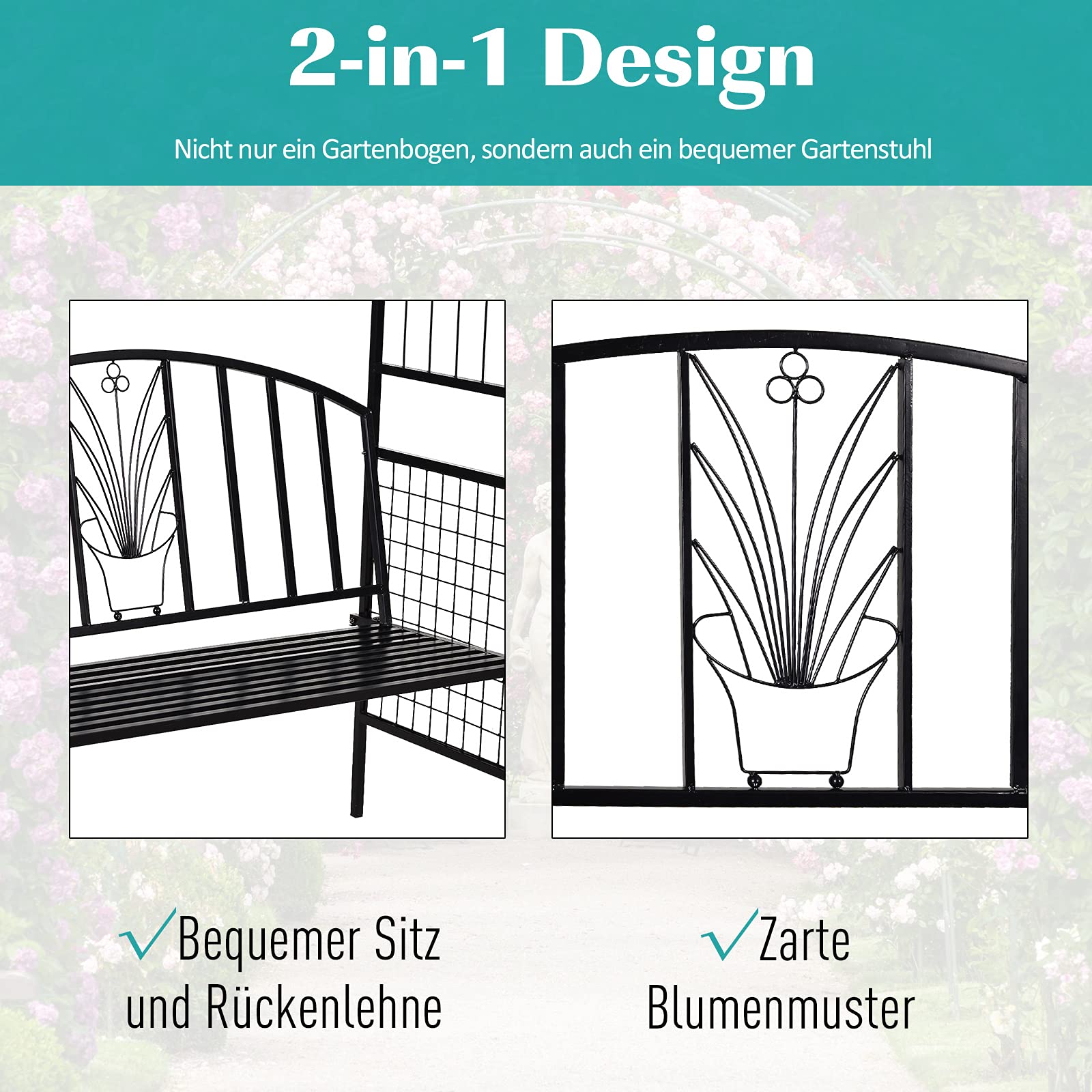 Outsunny Pflanzbogen mit Bank Sitzbank Torbogen Rankgitter Rankhilfe Garten Bogendach Metall Schwarz 154 x 60 x 205 cm