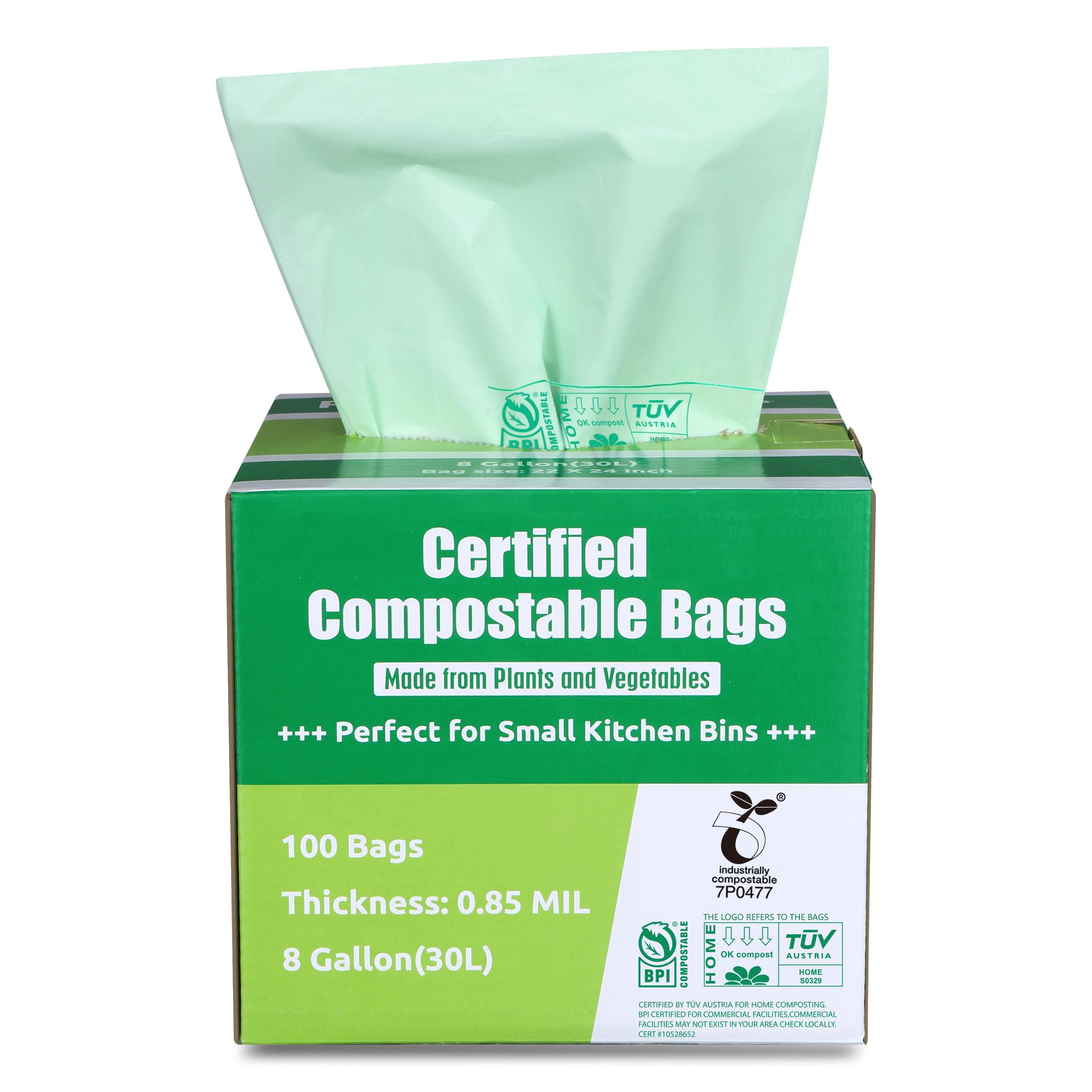 Primode Compostable Bags, 8 Gallon (30L) Food Scraps Yard Waste Bags, 100 Count, Extra Thick 0.85 Mil. ASTM D6400 Compost Bags Small Kitchen Trash Bags, Certified by BPI & TÜV AUSTRIA