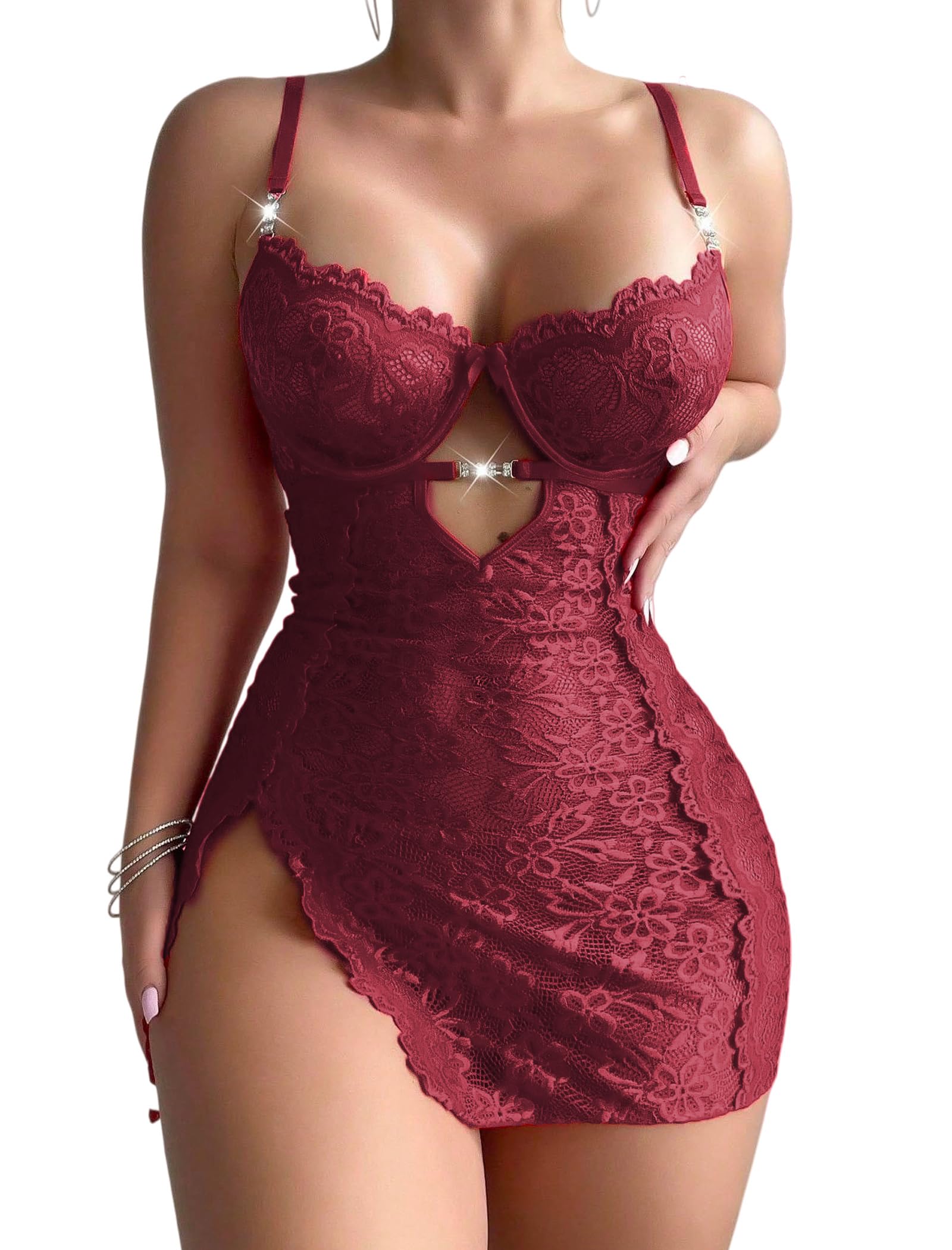 Sexy Lingerie for Women Mesh Babydoll Dress Sheer Lace Chemise Set
