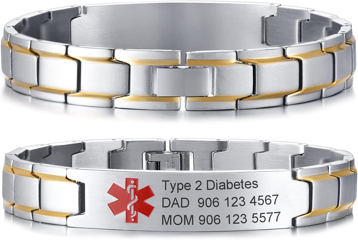 VNOX Free Custom Engraving-Unisex 2 Tone Brushed Stainless Steel Emergency Medical Alert ID Adjustable Bracelet Wristband