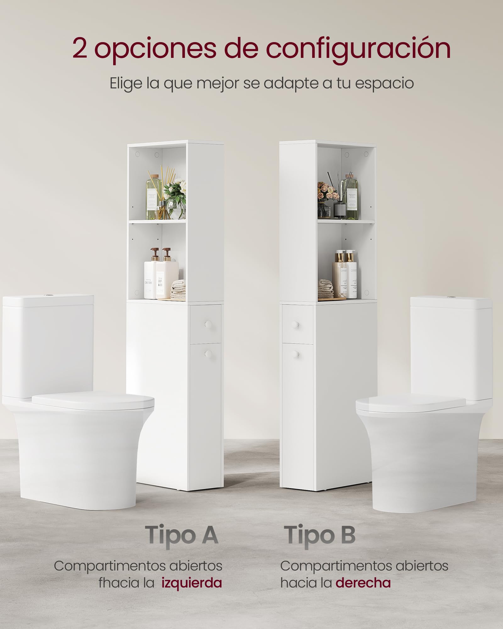 VASAGLE Armario de Baño Alto, Armario de Almacenamiento Delgado, con Cajones y Estante Ajustable, Armario para Espacios Pequeños, Estilo Moderno, Blanco Clásico BBK567T14