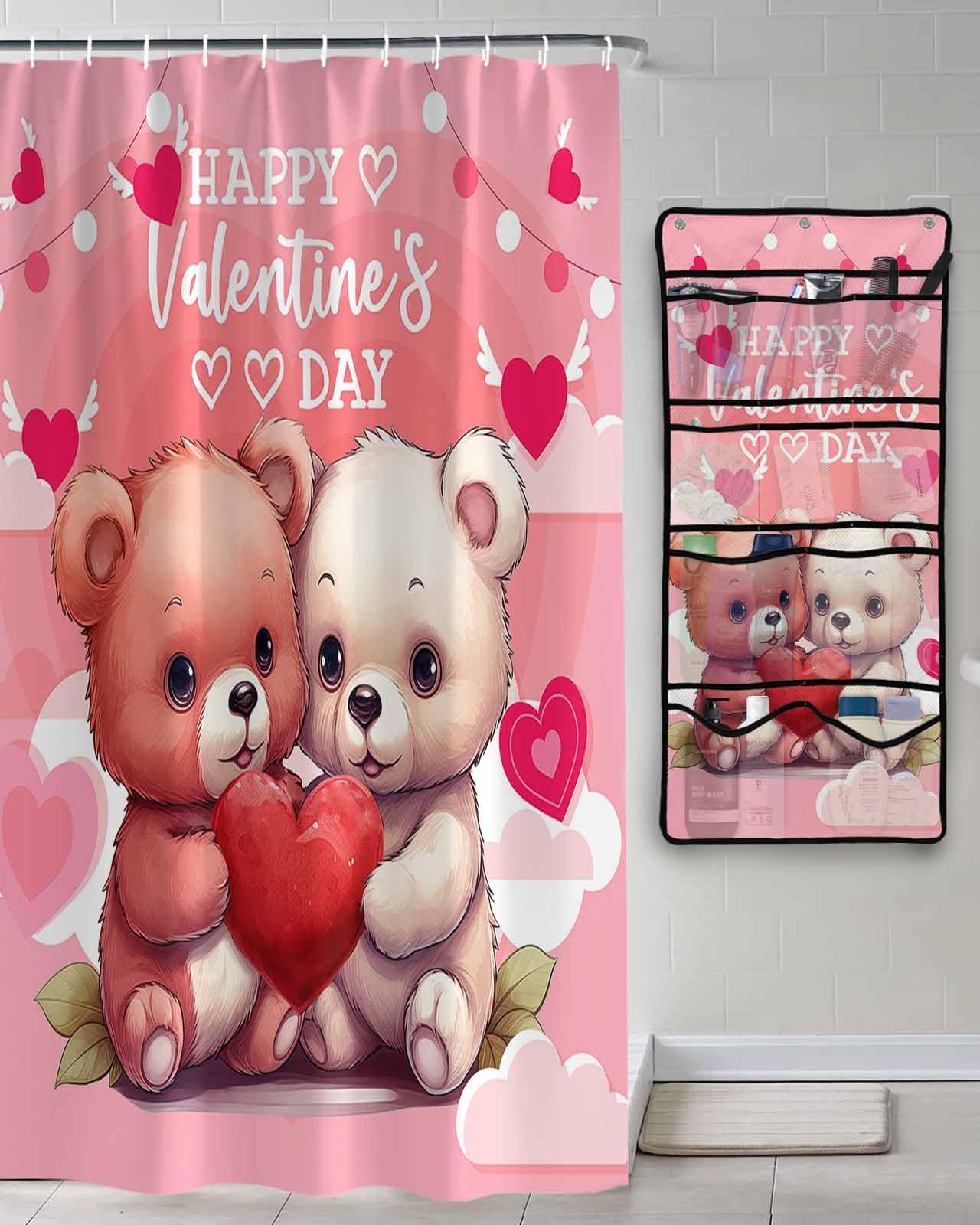 Shower Curtain Mesh Shower Organizer Hanging Set Happy Valentines Day Bears Snuggling Up with Love Heart Waterproof Shower
