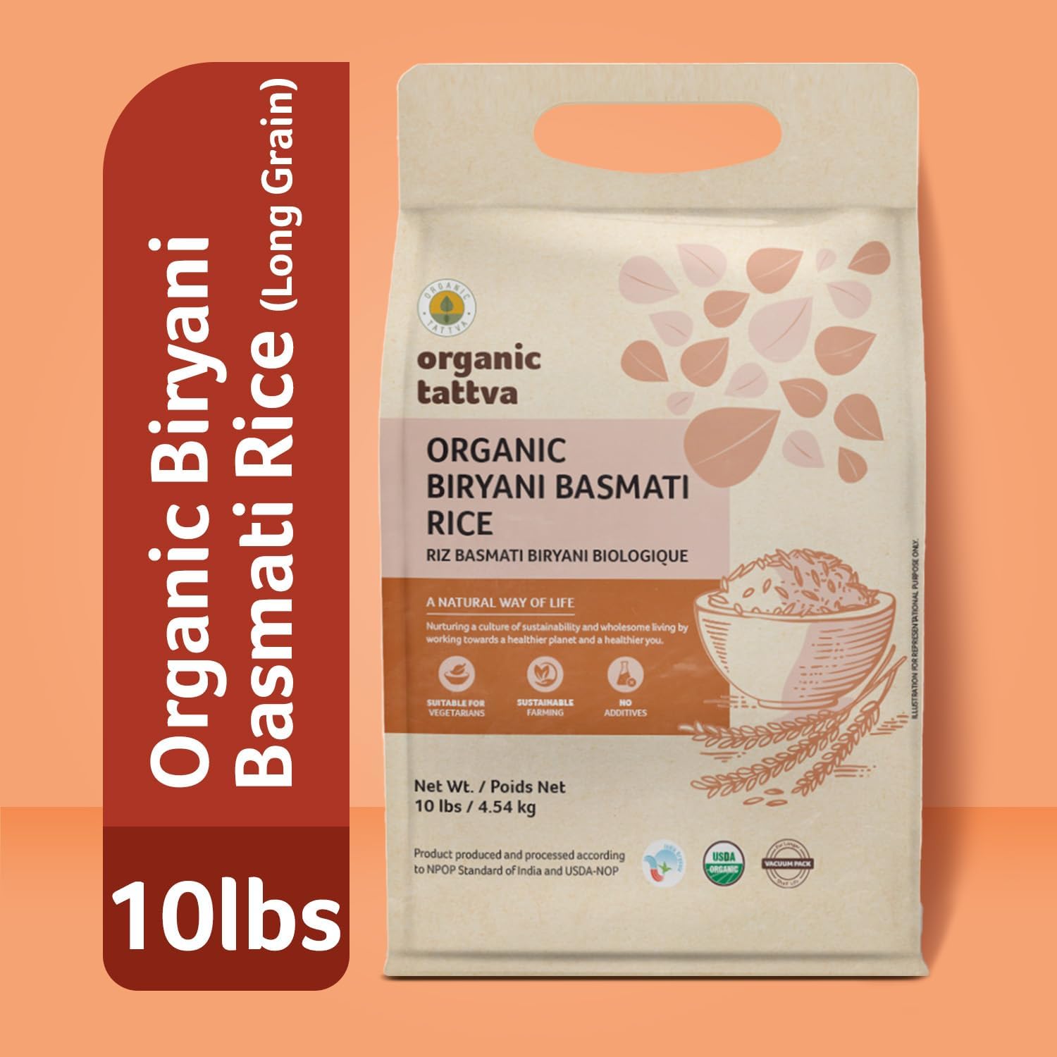 Organic Tattva Biryani Long Grain Basmati Rice (10 lbs) - Organic White Rice for Biryani - No Additive - Vegan - Non GMO - Gluten Free - USDA Certified