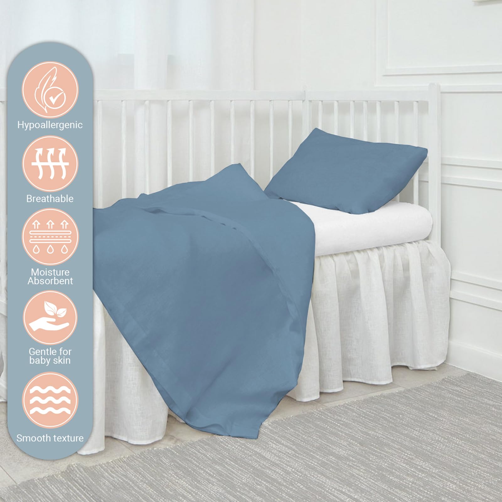 Pizuna Baby Duvet Cover For Crib 100 x 135 cm, Dusty Blue, 400 Thread Count 100% Long Staple Cotton Bedding Set - Image 2