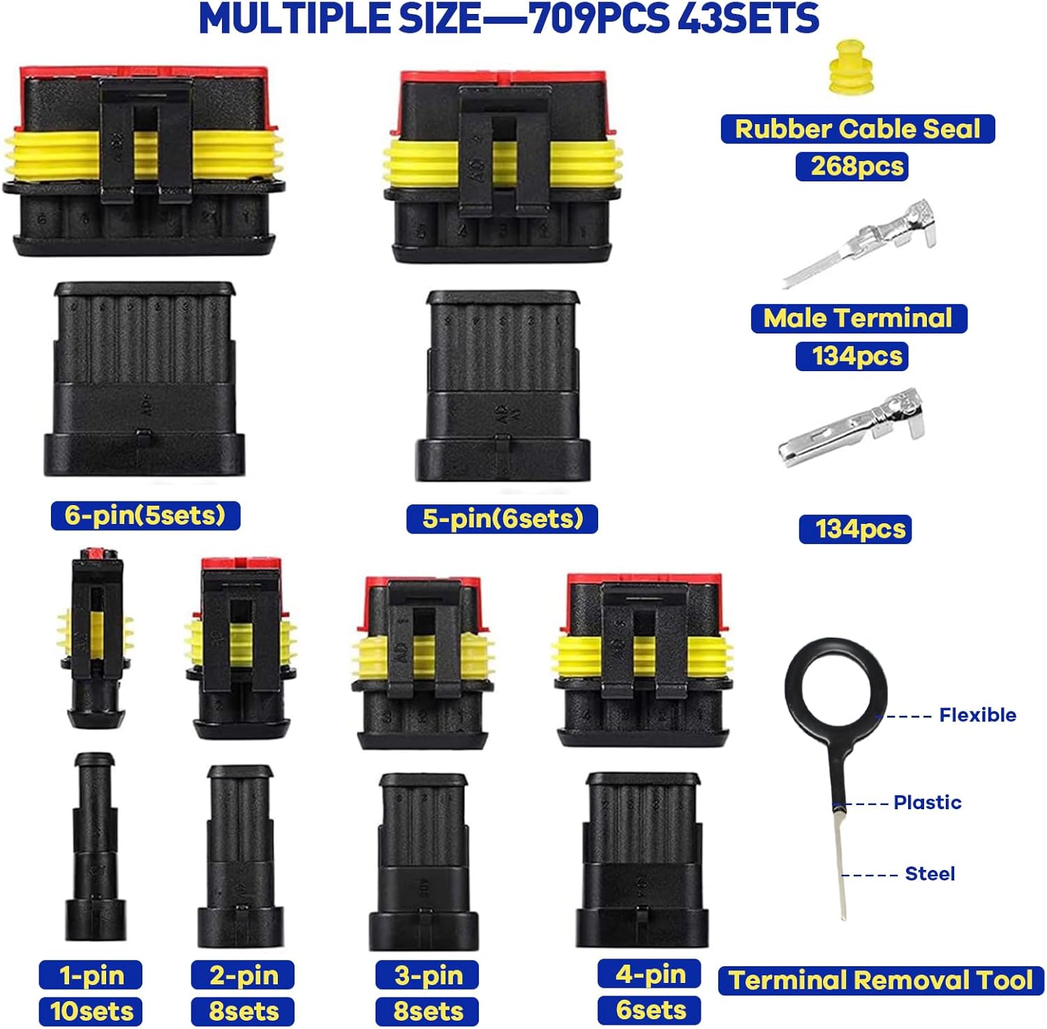 Boatsea 709Pcs Waterproof Wire Connectors, 43 Kits Automotive Electrical Connectors Electrical Wire Connectors Kit 1/2/3/4/5/6 Pin Weather Pack Connector for 13-20 AWG Wire with Ratchet Crimping Tool