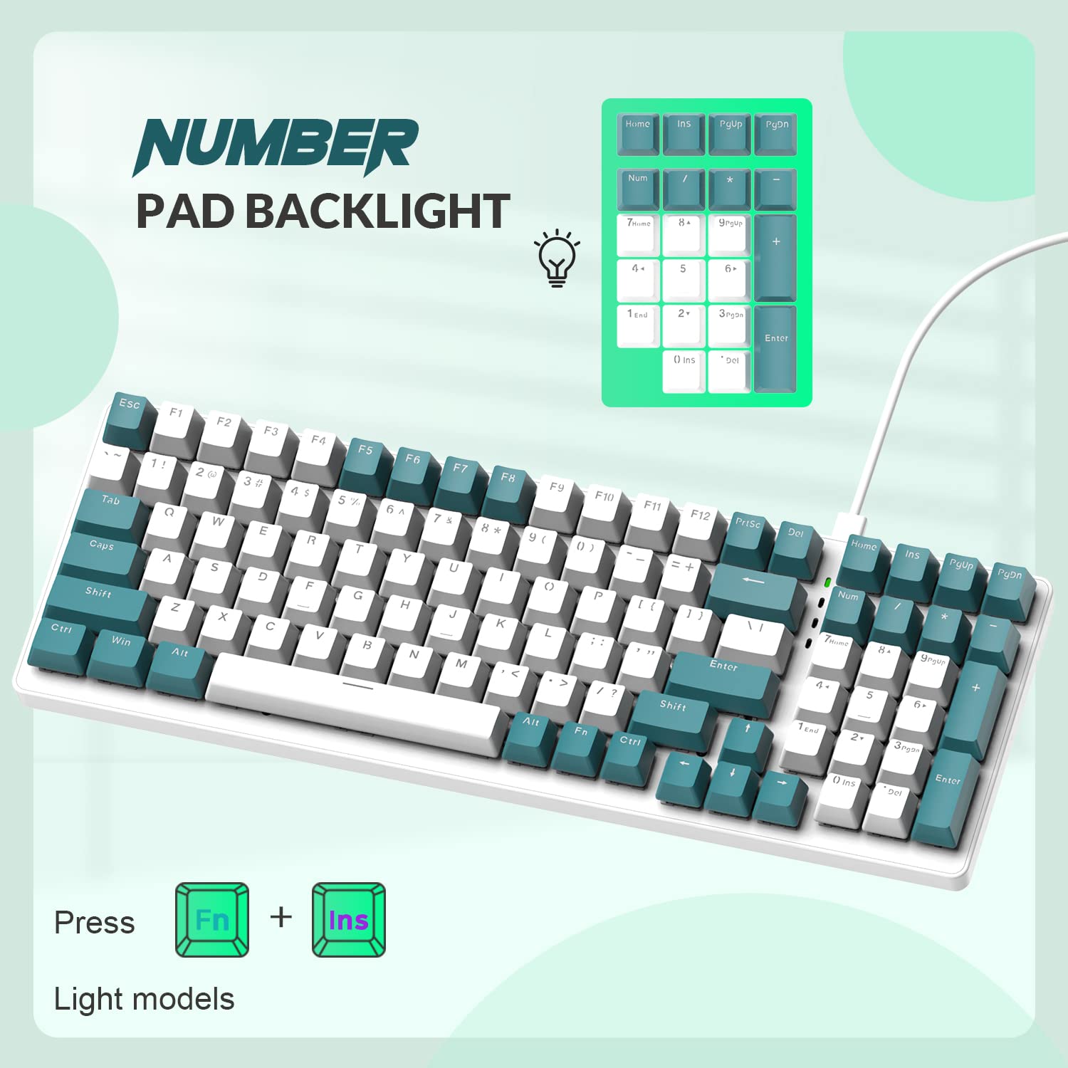 ZIYOU LANG K3 Teclado Gaming Mecánico con Cable 100% – Retroiluminación LED Arcoíris, Teclas Anti-Ghosting Completo, Teclado Numérico, Interruptores Azules, Carcasa Metálica, para PC/Mac – Verde
