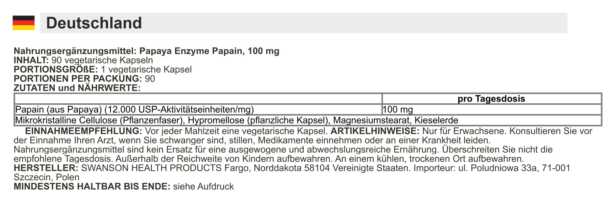 Swanson - Papaya Enzyme Papain 100 mg | Natürliche Verdauungshilfe - 90 Kapseln
