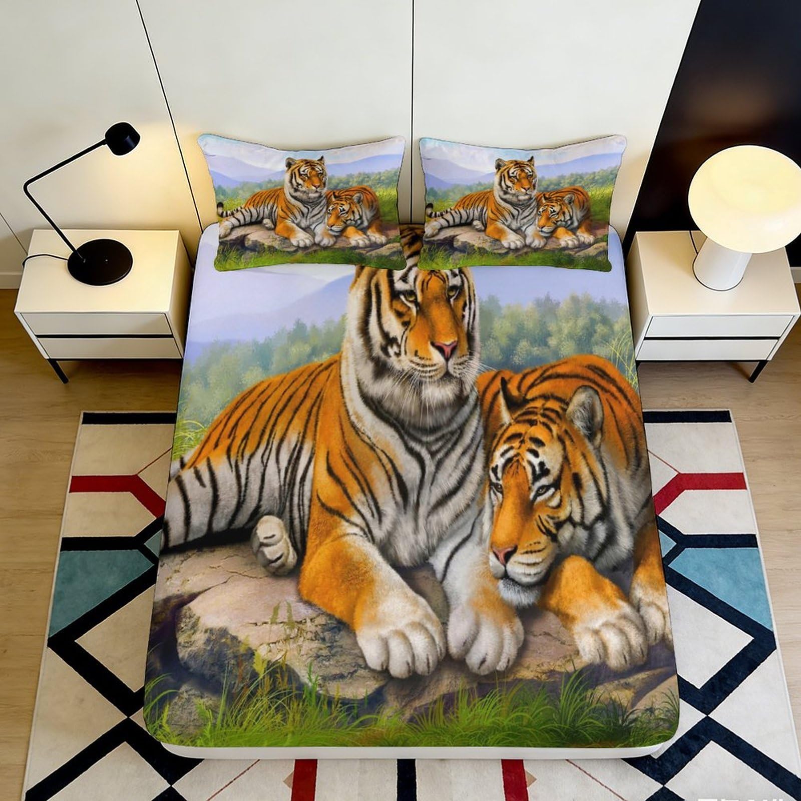 3D Printed Tiger Forest Fitted Sheet Microfiber Soft Breathable Wildlife Jungle Bed Cover Bedroom Decor Protection 140x200x25cm